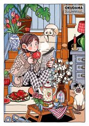 1girl blush_stickers border bread bread_slice brown_hair brown_jacket cable_knit cat cup electric_kettle flower food full_body highres holding holding_cup holding_newspaper indoors jacket kettle long_sleeves looking_at_object medium_hair newspaper o_ku_da_ma original pants parted_bangs pink_flower plaid_clothes plaid_pants plant potted_plant rose sitting sitting_on_stairs solo stairs white_border white_flower 