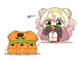  1girl blonde_hair brown_cardigan cardigan cellphone character_print chibi commentary double_bun gradient_hair green_eyes hair_bun hashtag-only_commentary highres holding hololive long_hair loose_socks male_underwear momosuzu_nene multicolored_hair nekko_(momosuzu_nene) phone pink_hair plaid_clothes plaid_skirt print_male_underwear red_shoes red_skirt shoes side-by-side simple_background skirt smile socks suzunami_illust translation_request underwear underwear_on_head virtual_youtuber white_background white_socks 