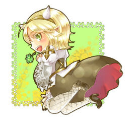  1girl akari-tkn arch_bishop_(ragnarok_online) black_dress black_shoes blonde_hair blush clover commentary_request cone_horns cross dress fake_horns fishnet_thighhighs fishnets four-leaf_clover frilled_thighhighs frills from_behind full_body green_background green_eyes high_heels horns juliet_sleeves jumping long_sleeves looking_at_viewer looking_back lowres open_mouth pointy_ears puffy_sleeves ragnarok_online sash shoes short_hair smile solo thigh-highs two-tone_dress white_background white_dress white_horns white_thighhighs yellow_sash 