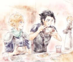  ! 1girl 2boys apron armor black_hair blonde_hair blue_eyes blue_jacket blush bowl claudia_strife cloud_strife commentary_request crisis_core_final_fantasy_vii cup eating final_fantasy final_fantasy_vii food green_scarf highres holding holding_bowl indoors jacket looking_at_another mizuamememe mother_and_son multiple_boys scarf shinra_infantry_uniform short_hair shoulder_armor sleeveless sleeveless_turtleneck suspenders sweater table turtleneck turtleneck_sweater upper_body white_apron zack_fair 