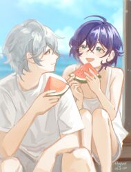  1boy 1girl :d absurdres belle_(zenless_zone_zero) blue_eyes blue_hair blue_sky brother_and_sister camisole closed_mouth clouds crossed_bangs day food fruit grey_hair hair_between_eyes highres holding holding_food knees_up moyaoyaoyaoyao_r ocean open_mouth outdoors shirt short_hair short_sleeves shorts siblings sitting sky smile t-shirt tongue watermelon watermelon_slice white_camisole white_shirt white_shorts wise_(zenless_zone_zero) zenless_zone_zero 