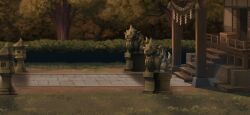  architecture box bush donation_box east_asian_architecture game_cg hakurei_shrine komainu no_humans non-web_source official_art outdoors path rope scenery shide shimenawa shrine stairs stone_lantern touhou touhou_gensou_eclipse tree twilight 
