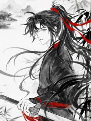  1boy absurdres ahoge bamboo bishounen black_hair black_hanfu chinese_clothes faux_traditional_media floating_hair greyscale hair_ribbon hanfu highres holding holding_sword holding_weapon ink_wash_painting jian_(weapon) leaf long_hair long_sleeves looking_at_viewer male_focus modao_zushi monochrome mountain outdoors parted_lips ponytail red_ribbon red_sash ribbon robe san_shi_si_li sash sidelocks solo spot_color suibian_sword sword sword_tassel tassel upper_body very_long_hair watermark weapon wei_wuxian weibo_watermark 