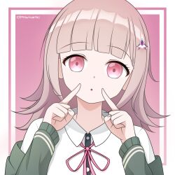  1girl :o absurdres brown_hair collared_shirt danganronpa_(series) danganronpa_2:_goodbye_despair flipped_hair hair_ornament highres index_finger_raised jacket long_sleeves looking_at_viewer medium_hair nanami_chiaki neck_ribbon off_shoulder open_clothes open_jacket pink_background pink_eyes pink_ribbon prismartic ribbon shirt solo white_shirt 