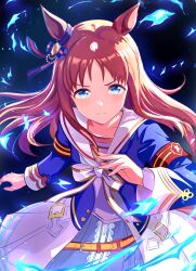  1girl animal_ears armband blue_eyes blue_ribbon brown_hair closed_mouth commentary_request commission ear_ribbon grass_wonder_(stone-piercing_blue)_(umamusume) grass_wonder_(umamusume) highres horse_ears horse_girl kanon_(user_rrhr4244) long_hair long_sleeves looking_at_viewer red_armband ribbon skeb_commission skirt solo umamusume white_skirt 