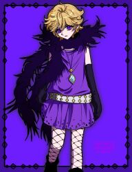  1girl black_gloves blonde_hair boots closed_mouth diamond_(shape) dress earrings elbow_gloves feather_boa fishnet_pantyhose fishnets gloves hair_between_eyes hashtag-only_commentary highres jewelry lagka_rocka looking_at_viewer pantyhose purple_background purple_dress sash short_hair solo sugar_sugar_rune vanilla_mieux 