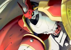  armor asymmetrical_dual_wielding blurry blurry_background blurry_foreground cape cowboy_shot digimon digimon_(creature) dual_wielding dukemon helmet highres holding holding_polearm holding_weapon knight lance okome_digi polearm red_cape shield signature solo weapon white_armor white_helmet yellow_eyes 