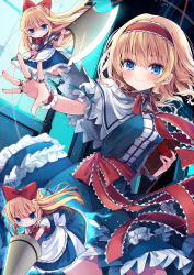  1girl absurdres alice_margatroid apron axe blonde_hair blue_dress blue_eyes blush book bow capelet closed_mouth commentary_request dress frilled_hairband frilled_sash frills grimoire_of_alice hairband highres holding holding_axe holding_book jewelry kasane_(cynthia) lolita_hairband looking_at_viewer puffy_short_sleeves puffy_sleeves puppet_rings puppet_strings red_hairband ring sash shanghai_doll short_hair short_sleeves smile solo touhou waist_apron weapon white_capelet wrist_cuffs 