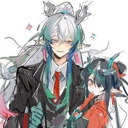  1boy 1girl absurdres aqua_hair arknights black_coat black_hair black_vest blue_hair closed_mouth coat collared_shirt cosplay dusk_(arknights) earrings folding_fan hand_fan highres holding holding_fan hong_lu_(project_moon) hong_lu_(project_moon)_(cosplay) jewelry jia_xichun_(project_moon) jia_xichun_(project_moon)_(cosplay) jingshenhuanghu lapels limbus_company long_hair looking_at_viewer multicolored_hair necktie notched_lapels open_mouth pink_eyes pointy_ears project_moon red_eyes red_necktie red_shrug shirt shrug_(clothing) smile sparkle streaked_hair tassel tassel_earrings very_long_hair vest white_hair white_shirt yi_(arknights) 