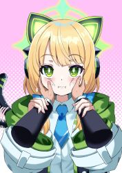  1boy 1girl :i afterimage animal_ear_headphones animal_ears blonde_hair blue_archive blue_necktie blunt_bangs blush bright_pupils cat_ear_headphones cat_ears cat_tail cheek_squash closed_mouth collared_shirt commentary_request expressive_tail fake_animal_ears fake_tail green_eyes green_halo halo hands_on_another&#039;s_cheeks hands_on_another&#039;s_face hands_up headphones highres holding_another&#039;s_wrist jacket long_sleeves looking_at_viewer medium_hair midori_(blue_archive) motion_lines nanoty necktie open_clothes open_jacket pink_background polka_dot polka_dot_background pov pov_hands school_uniform shirt short_necktie sidelocks simple_background solo_focus split_mouth straight-on sweatdrop tail tail_raised tail_wagging upper_body upturned_eyes white_jacket white_pupils white_shirt wide_sleeves 