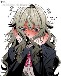  1girl absurdres black_jacket blazer blush bow bowtie closed_mouth commentary_request cuz_39 diagonal-striped_bow diagonal-striped_bowtie diagonal-striped_clothes flying_sweatdrops full-face_blush green_hair grey_sweater hair_between_eyes hair_flaps hair_intakes hand_blush hands_on_own_face hands_up highres jacket kamiyama_high_school_uniform_(project_sekai) korean_commentary korean_text kusanagi_nene lapels long_hair long_sidelocks long_sleeves looking_at_viewer low-tied_sidelocks notched_lapels open_clothes open_jacket project_sekai red_bow red_bowtie school_uniform sidelocks simple_background solo striped_bow striped_bowtie striped_clothes sweatdrop sweater translation_request upper_body violet_eyes white_background 