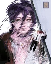  1boy 2girls black_necktie black_pants blonde_hair chainsaw_man denji_(chainsaw_man) doeun_o_o green_eyes hair_between_eyes highres looking_at_viewer makima_(chainsaw_man) multiple_girls necktie pants pool purple_hair red_hair reze_(chainsaw_man) ripples shirt white_background white_shirt 