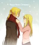  1girl bad_id blonde_hair blue_eyes blush christmas coat couple earrings edward_elric engrish eye_contact fullmetal_alchemist hand_in_pocket happy jacket jewelry long_hair looking_at_another plaid plaid_scarf ponytail ranguage riru scarf snow sweater tartan winry_rockbell winter winter_clothes yellow_eyes 