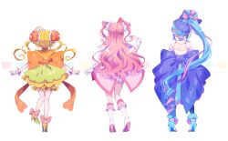  3girls absurdres ankle_bow asymmetrical_skirt bare_legs blonde_hair blue_boots blue_bow blue_choker blue_hair blue_pantyhose blue_skirt blue_veil boots bow bracelet braid braided_hair_rings bun_cover china_dress chinese_clothes choker coattails collar collared_dress commentary_request cone_hair_bun cure_precious cure_spicy cure_yum-yum delicious_party_precure detached_collar double_bun dress drill_hair food food-themed_hair_ornament footwear_bow frilled_dress frilled_footwear frilled_gloves frilled_skirt frilled_sleeves frills from_behind full_body fuwa_kokone gloves hair_bow hair_bun hair_ornament hair_ribbon hair_rings hair_scrunchie hanamichi_ran hand_up heart high-waist_skirt high_collar high_heel_boots high_heels high_side_ponytail highres jewelry kneehighs kneepits large_bow long_hair magical_girl mandarin_collar medium_dress medium_skirt miniskirt multicolored_hair multiple_girls nagomi_yui omelet omurice orange_bow orange_dress orange_shoes pantyhose pink_bow pink_dress pink_hair pink_socks precure puffy_short_sleeves puffy_sleeves ribbon scrunchie serizawa_serizane shirt shoes short_sleeves shoulder_blades sidelocks simple_background single_hair_ring skirt skirt_under_dress sleeveless sleeveless_dress socks square_neckline standing stiletto_heels streaked_hair tailcoat twin_drills twitter_username two-tone_hair two_side_up veil very_long_hair wavy_hair white_background white_boots white_collar white_gloves white_scrunchie white_shirt white_skirt white_sleeves yellow_ribbon 