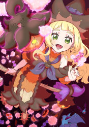  1girl :d alternate_costume blonde_hair blush broom broom_riding candy_wrapper commentary_request dress earrings eyelashes fangs green_eyes hand_up happy hat highres hiyokko2min index_finger_raised jewelry lillie_(pokemon) long_hair looking_at_viewer open_mouth orange_dress pantyhose pokemon pokemon_(creature) pokemon_sm pumpkaboo smile tongue witch_hat zubat 