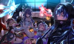  1boy 3girls absurdres aino_(genshin_impact) almanju antlers braid braided_hair_rings deer_antlers deer_girl flins_(genshin_impact) genshin_impact ghost_costume hair_rings halloween highres horns jack-o'-lantern jahoda_(genshin_impact) kuuhenki_(genshin_impact) lauma_(genshin_impact) long_hair mechanical_arms multiple_girls mummy_costume open_mouth pink-tinted_eyewear pink_hair pointy_ears single_mechanical_arm star-shaped_pupils star_(symbol) symbol-shaped_pupils tinted_eyewear two-sided_horns vampire_costume 