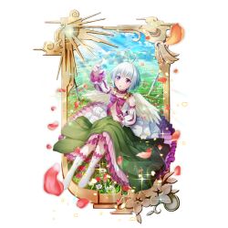  1girl :o antenna_hair artist_request bare_shoulders bird_girl bird_wings blonde_hair blue_sky boots border bow chest_bow child choker clouds cloudy_sky collarbone colored_tips curious day detached_sleeves dress fabric falling_petals feathered_wings fitoria_(tate_no_yuusha_no_nariagari) flower flower_request frilled_dress frilled_sleeves frills full_body game_cg gradient_clothes gradient_dress grey_hair hand_up knee_boots knees_up layered_dress light_particles long_dress long_sleeves looking_at_viewer multicolored_boots multicolored_hair official_art on_grass open_mouth ornate_border outdoors petals pink_boots pink_bow pink_choker pink_dress pink_eyes planted planted_sword red_flower ruins short_hair simple_background sitting sky solo sparkle sword tate_no_yuusha_no_nariagari tate_no_yuusha_no_nariagari_rerise transparent_background two-tone_boots weapon white_boots white_dress white_flower white_sleeves white_wings wings 