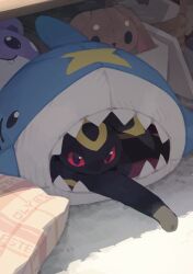  artist_name basket character_doll colored_sclera commentary doll english_commentary looking_at_viewer no_humans olyester outstretched_arm photo-referenced pokemon pokemon_(creature) pokemon_focus red_sclera sharpedo solo spheal umbreon 