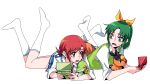  2girls bow crossover green_eyes green_hair hair_bow hair_ornament hairclip hino_akane lying_on_person midorikawa_nao multiple_girls nintendo_ds no_shoes open_mouth pokemon pokemon_(creature) ponytail precure red_eyes red_hair redhead school_uniform simple_background sleeves_rolled_up smile_precure! snivy socks sweatdrop sweater_vest tepig tima white_legwear 