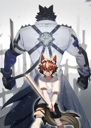  2boys aged_down angry animal_ear_fluff animal_ear_piercing animal_ears artist_name asymmetrical_sleeves back-to-back bandaged_arm bandaged_hand bandaged_leg bandages black_gloves black_hair black_ribbon black_shorts child clenched_hands clenched_teeth collared_jacket crossed_bangs dog_boy dog_ears dog_tail dual_persona ear_piercing facing_away fingerless_gloves gloves hair_between_eyes hashtag-only_commentary highres holding holding_stick jacket komano_manato komano_manato_(white_heart_silhouette) long_sleeves looking_at_viewer male_focus multicolored_hair multiple_boys piercing red_eyes red_hair ribbon scratched shirt short_hair short_sleeves shorts standing stick t-shirt tail teeth tetsu_(teppei) twitter_username two-tone_hair uneven_sleeves v-shaped_eyebrows white_jacket white_shirt zenless_zone_zero 