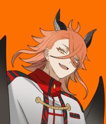  1boy absurdres alternate_costume antenna_hair dr_metagross earrings fire_emblem fire_emblem_engage gold_earrings halloween_costume highres jewelry messy_hair orange_background orange_hair pandreo_(fire_emblem) red_trim robe white_robe 