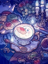  autumn_leaves blue_eyes blue_fire book candle cookie crescent cup cutlery fire food fruit ghost grapes harukui highres holding holding_food key kirby kirby_(series) leaf macaron no_humans official_alternate_costume pomegranate smile spoon sweets teacup teapot thumbprint_cookie 