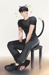  1boy absurdres animal_ears animal_hands between_legs black_eyes black_hair black_pants black_shirt black_shoes cat_ears cat_tail chair closed_mouth crossed_ankles full_body gloves hair_between_eyes hamin_(plave) hand_between_legs highres kemonomimi_mode looking_at_viewer male_focus on_stool pants paw_gloves plave shirt shoes short_sleeves sitting solo sub0b303 tail 