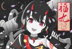  black_hair club_(weapon) commentary_request crescent_moon detached_sleeves earrings fingerless_gloves flower_earrings fukumaru_koito gloves hair_ornament highres horns idolmaster idolmaster_shiny_colors idolmaster_shiny_colors_song_for_prism jewelry kanabou looking_at_viewer monochrome moon oni open_mouth red_eyes red_horns single_bare_shoulder spot_color twintails two_side_up warabimochi_(tdfcan_ebm) weapon 