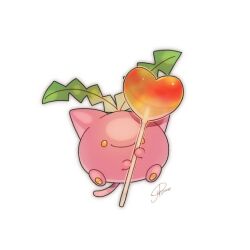  candy closed_mouth commentary_request food full_body heart heart-shaped_food heart-shaped_lollipop holding holding_candy holding_food holding_lollipop hoppip lollipop no_humans ojikano pokemon pokemon_(creature) shaped_lollipop signature simple_background smile white_background yellow_eyes 