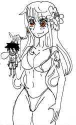  bikini giant giantess highres larger_female marcusstalls94 monkey_d._luffy nami_(one_piece) one_piece pinching swimsuit 