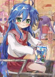  5girls :3 absurdres ahoge black_hair blue_hair blush blush_stickers cellphone chair chromatic_aberration classroom deer_girl desk glasses green_eyes hair_between_eyes highres hiiragi_kagami holding holding_phone izumi_konata jacket kagana_helsuki kuroki_tomoko long_hair looking_at_viewer lucky_star meme mole mole_under_eye monster_energy multiple_girls neckerchief on_chair phone pink_hair pink_neckerchief pink_sailor_collar pink_skirt pleated_skirt purple_hair ryouou_school_uniform sailor_collar school_desk school_uniform serafuku shikanoko_noko shikanoko_nokonoko_koshitantan skirt smartphone smile takara_miyuki twintails very_long_hair violet_eyes watashi_ga_motenai_no_wa_dou_kangaetemo_omaera_ga_warui! yellow_jacket 