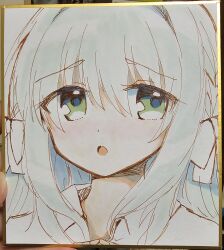  1girl :o absurdres blue_archive bow braid collared_shirt green_eyes grey_hair hair_between_eyes hair_bow highres kuriyuzu_kuryuu looking_at_viewer miyo_(blue_archive) parted_lips photo_(medium) shikishi shirt solo traditional_media upper_body white_bow white_shirt 