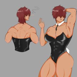  1girl absurdres bare_shoulders bodysuit breasts closed_mouth covered_eyes from_behind grey_background highres latex latex_bodysuit looking_at_viewer muscular muscular_female necktie non-web_source rabbit_tail red_hair short_hair simple_background solo tail turning_head yellow_eyes 