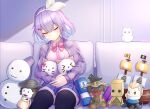  1girl absurdres alcina_dimitrescu apex_legends black_legwear bloodhound_(apex_legends) blue_hair blue_skirt bow bowtie breasts cardigan collared_shirt colored_inner_hair fluixmix hair_ornament hair_ribbon hairband hairclip highres leaning_to_the_side little_nightmares medium_breasts mono_(little_nightmares) multicolored_hair nijisanji nijisanji_kr nun_bora pink_bow pink_bowtie pink_shirt purple_cardigan resident_evil resident_evil_village ribbon school_uniform shirt shirt_tucked_in short_hair skirt sleeping solo sova_(valorant) stuffed_toy thigh-highs valorant virtual_youtuber yellow_ribbon 
