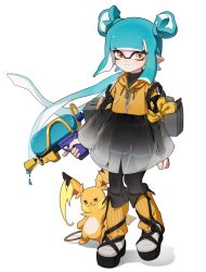  1girl absurdres backpack bag black_bag black_dress black_pantyhose black_shorts blue_hair blunt_bangs chu_u0spl closed_mouth cropped_jacket crossover double_bun drawstring dress earrings expressionless floating_hair full_body hair_bun highres holding holding_weapon hood hood_down hooded_jacket inkling inkling_girl inkling_player_character jacket jewelry leg_warmers long_hair looking_at_viewer mega_raichu_y orange_jacket orange_leg_warmers pantyhose pantyhose_under_shorts pointy_ears pokemon pokemon_(creature) raichu see-through_clothes see-through_dress shoes shorts shorts_under_dress splatoon_(series) splattershot_(splatoon) standing tentacle_hair very_long_hair weapon white_background white_shoes yellow_eyes 