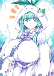  1girl black_necktie breasts closed_mouth commentary_request dounatsu1072 frog_hair_ornament ghost ghost_costume green_eyes green_hair hair_ornament hair_tubes halloween_costume highres huge_breasts kochiya_sanae long_sleeves looking_at_viewer necktie sidelocks smile solo star_(symbol) star_print touhou 