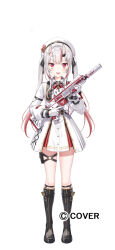  1girl assault_rifle beret black_boots boots center-flap_bangs collared_shirt commentary_request copyright_name gloves gomashio_ponz gradient_hair grey_hair gun h&amp;k_hk416 hair_between_horns hat holding holding_gun holding_weapon hololive horns jacket knee_boots long_hair looking_at_viewer miniskirt multicolored_hair nakiri_ayame nakiri_ayame_(9th_costume) o-ring o-ring_thigh_strap official_alternate_costume official_alternate_hairstyle official_art oni pouch red_eyes red_hair rifle shirt sidelocks skin-covered_horns skirt solo star_o-ring streaked_hair thigh_pouch thigh_strap trigger_discipline twintails virtual_youtuber weapon white_gloves white_hat white_jacket white_shirt white_skirt 