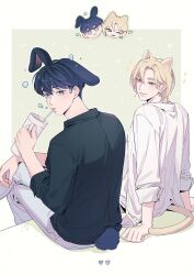  animal_ears black_shirt blonde_hair blue_hair border cat_ears cat_tail chibi chibi_inset closed_mouth cup drinking drinking_straw hair_between_eyes hand_on_own_leg highres holding holding_cup kemonomimi_mode looking_at_viewer looking_back male_focus mole mole_under_eye noah_(plave) pants parted_bangs plave rabbit_ears rabbit_tail shirt short_hair sitting smile sub0b303 tail white_border white_pants white_shirt yejun_(plave) 