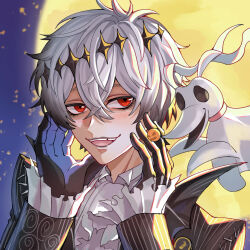  2boys aihe1111 black_crown crown diamond_hairband gloves highres jacket looking_at_viewer male_focus missing_tooth multiple_boys pinstripe_jacket pinstripe_pattern pinstripe_suit pinstripe_vest short_hair skeleton_print skully_j._graves smile striped_clothes striped_jacket striped_vest suit the_nightmare_before_christmas twisted_wonderland vertical-striped_clothes vertical-striped_vest vest white_hair zero_(nbc) 