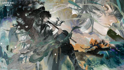  1boy absurdres arm_armor black_hair black_pants blind cloak closed_mouth commentary english_commentary from_side green_ribbon grey_eyes hair_ribbon highres holding long_hair looking_ahead male_focus official_art pants ponytail qiuyuan_(wuthering_waves) ribbon white_cloak wuthering_waves zoom_layer 