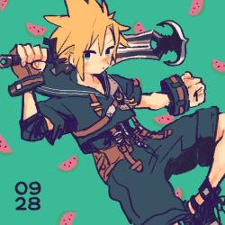  1boy armor black_sailor_collar black_shirt black_shoes black_shorts blonde_hair blue_eyes brown_gloves cloud_strife cloud_strife_(maritime_sailor) dated final_fantasy final_fantasy_vii final_fantasy_vii_ever_crisis fingerless_gloves food_print foot_out_of_frame fruit_print gloves green_background hair_between_eyes huge_weapon light_blush male_focus nobu_(25mark) official_alternate_costume over_shoulder print_background sailor_collar shirt shoes short_hair shorts shoulder_armor solo spiky_hair suspenders watermelon_print weapon weapon_over_shoulder wristband 