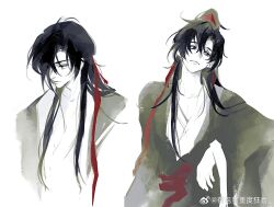  2boys arm_on_knee bishounen black_eyes black_hair black_hanfu chinese_clothes closed_mouth dual_persona faux_traditional_media hair_between_eyes hair_down hair_ribbon half_updo hanfu head_tilt hebaodan_zhongdu_kuangxi highres ink_wash_painting knee_up long_hair long_sleeves looking_at_viewer looking_to_the_side male_focus modao_zushi multiple_boys multiple_views official_alternate_hairstyle ponytail red_ribbon red_sash ribbon robe sash simple_background sitting smile upper_body watermark wei_wuxian wei_wuxian_(yiling_laozu) weibo_watermark white_background wide_sleeves 