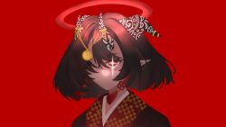  1girl black_hair black_kimono closed_mouth commentary demon_horns dress earrings halo higan_(sarujigu) highres horn_ornament horns japanese_clothes jewelry kimono looking_at_viewer original pointy_ears red_background red_eyes red_halo sarujigu short_hair solo star-shaped_pupils star_(symbol) symbol-shaped_pupils 