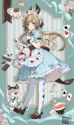  1girl 1other absurdres alice&#039;s_adventures_in_wonderland alice_(alice_in_wonderland) alice_(alice_in_wonderland)_(cosplay) alternate_costume animal apron black_shoes blue_dress blue_eyes bow breasts brown_hair cake card cat chocolate cookie cosplay cuffs cup diamond_(shape) diamond_print dress flower food fork frilled_dress frills fruit full_body genshin_impact headdress highres holding holding_fork issign long_hair looking_at_viewer mary_janes playing_card puffy_sleeves rabbit sandrone_(genshin_impact) shoes short_sleeves small_breasts spoon standing strawberry striped_clothes sugar_cube teacup thigh-highs tongs vertical-striped_clothes white_headdress white_thighhighs white_wrist_cuffs winding_key wrist_cuffs 