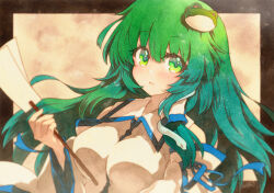  1girl bare_shoulders blush breasts detached_sleeves frog_hair_ornament gohei green_eyes green_hair hair_between_eyes hair_ornament hair_tubes highres holding holding_gohei kochiya_sanae long_hair looking_at_viewer medium_breasts parted_lips rinka_(qqqrinkappp) shirt single_hair_tube sleeveless sleeveless_shirt snake_hair_ornament solo touhou upper_body white_shirt 