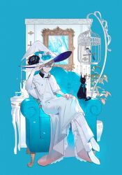  1boy adapted_costume aio_desu armchair bird birdcage black_cat black_horns blue_background blue_bird blue_eyes blue_flower blue_hat blue_rose bow brown_hair cage candelabra candle candlestand capelet cat chair collared_capelet commentary crossed_legs cup curled_horns downer_witch_(vocaloid) fake_horns flower fringe-trimmed_capelet fringe_trim full_body glass_teacup hair_between_eyes hair_over_shoulder hand_on_own_knee hand_up hat hat_bow hat_flower highres horned_headwear horns kanae_(nijisanji) long_sleeves looking_at_viewer low_ponytail male_focus medium_hair mole mole_under_eye nijisanji painting_(object) pants picture_frame plant ponytail potted_plant robe rose shoes simple_background sitting sleeves_past_wrists smile solo table tea teacup teapot tiered_tray two-sided_fabric two-sided_headwear virtual_youtuber white_bow white_capelet white_flower white_hat white_pants white_robe white_shoes 