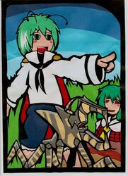  2girls antennae arachnid_(starship_troopers) commissar_(papercraft) crossover green_eyes green_hair highres kazami_yuuka multiple_girls no_nose open_mouth papercraft pointing red_eyes short_hair touhou warrior_bug wriggle_nightbug youkai 