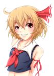  absurdres adapted_costume ahoge arms_behind_back bad_id bare_shoulders blonde_hair bust fang grin hair_ribbon highres messy_hair midriff nekotama_shun red_eyes ribbon rumia short_hair sleeveless smile solo teeth the_embodiment_of_scarlet_devil touhou youkai 