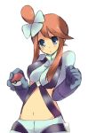  bad_id blue_eyes blush breasts ears fuuro_(pokemon) gloves hair_ornament holding holding_poke_ball midriff namawasabi navel poke_ball pokemon pokemon_(game) pokemon_black_and_white pokemon_bw red_hair redhead skyla solo tareme 