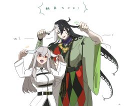  arch_bishop_(ragnarok_online) ashiya_douman_(fate) bell belt black_belt black_hair breasts commentary_request cosplay crossover datenshi_no_fu earrings fate/grand_order fate_(series) feathered_wings fingernails fujimaru_ritsuka_(female) fujimaru_ritsuka_(female)_(cosplay) green_kimono green_nails grey_hair hair_bell hair_between_eyes hair_lift hair_ornament head_wings highres jacket japanese_clothes jewelry jingle_bell kimono long_hair looking_at_viewer magatama magatama_earrings medium_breasts multicolored_hair open_mouth ragnarok_masters ragnarok_online red_eyes sharp_fingernails sidelocks simple_background smile split-color_hair translation_request two-tone_hair white_background white_jacket white_wings wings 